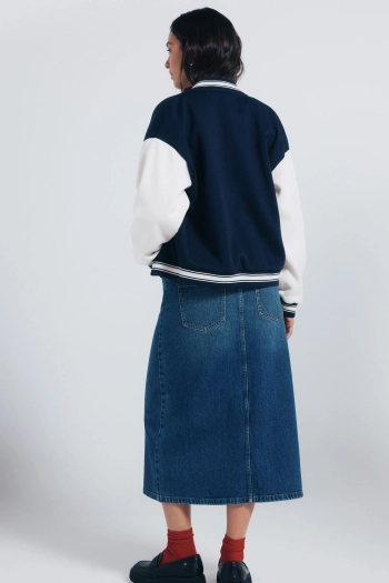 Джинсова спідниця міді з розрізом