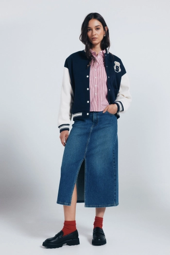 Джинсова спідниця міді з розрізом